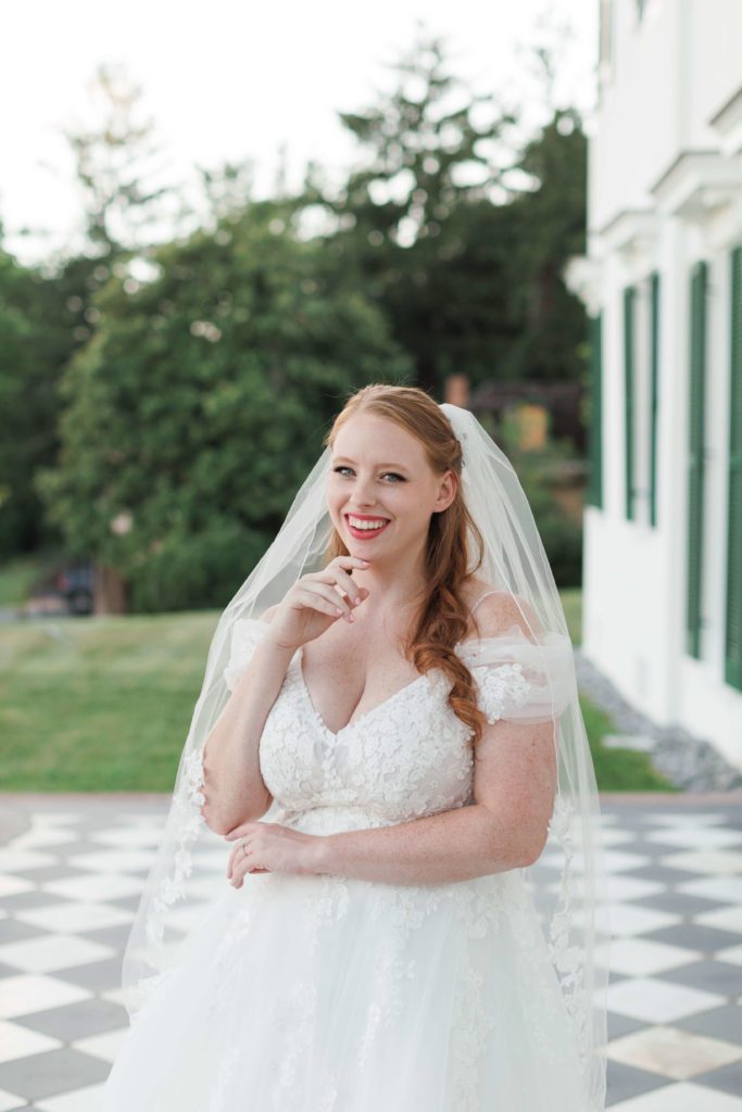 Classic bridal portrait with checkered floor at Morven Park Historic Home in Leesburg, VA