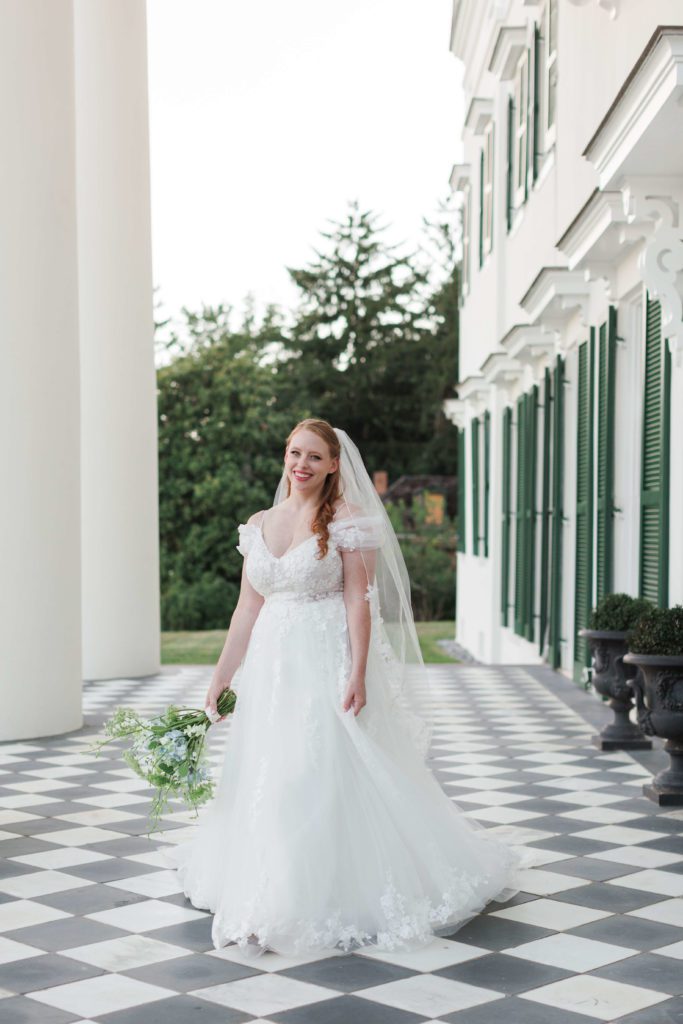 Classic bridal portrait with checkered floor at Morven Park Historic Home in Leesburg, VA
